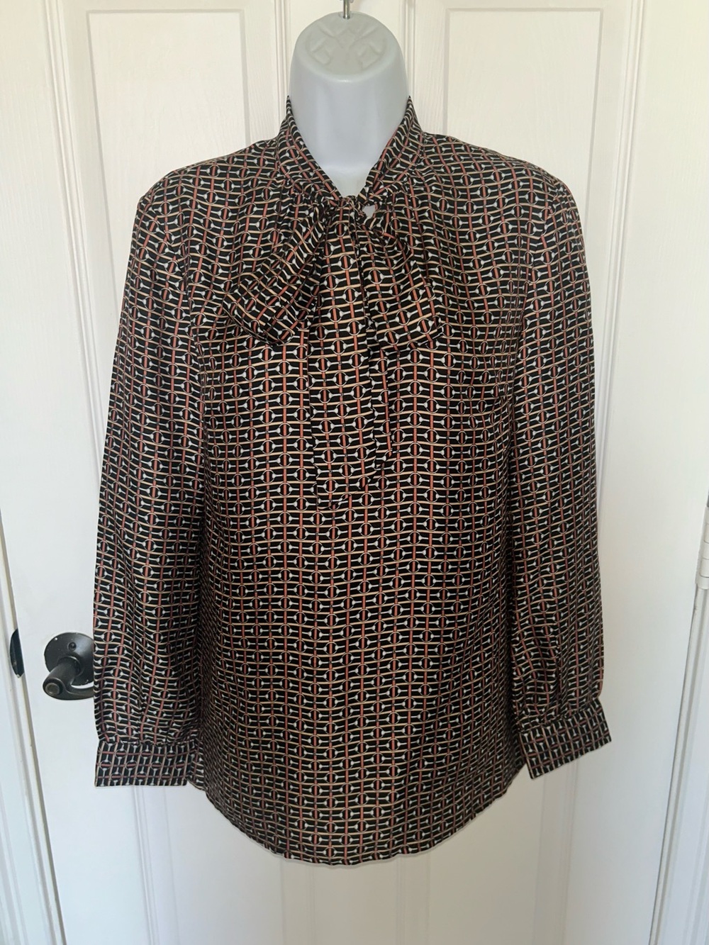 J. McLaughlin Black, Coral & Cream Geometric Tie-Neck Top